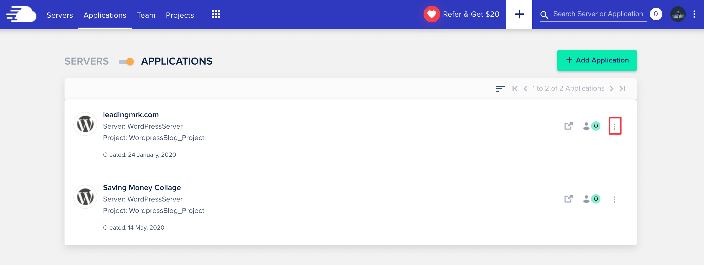 click the menu on the right site of your application you want to create staging 點擊要建立 Staging Site 的 Application 右邊的 Menu