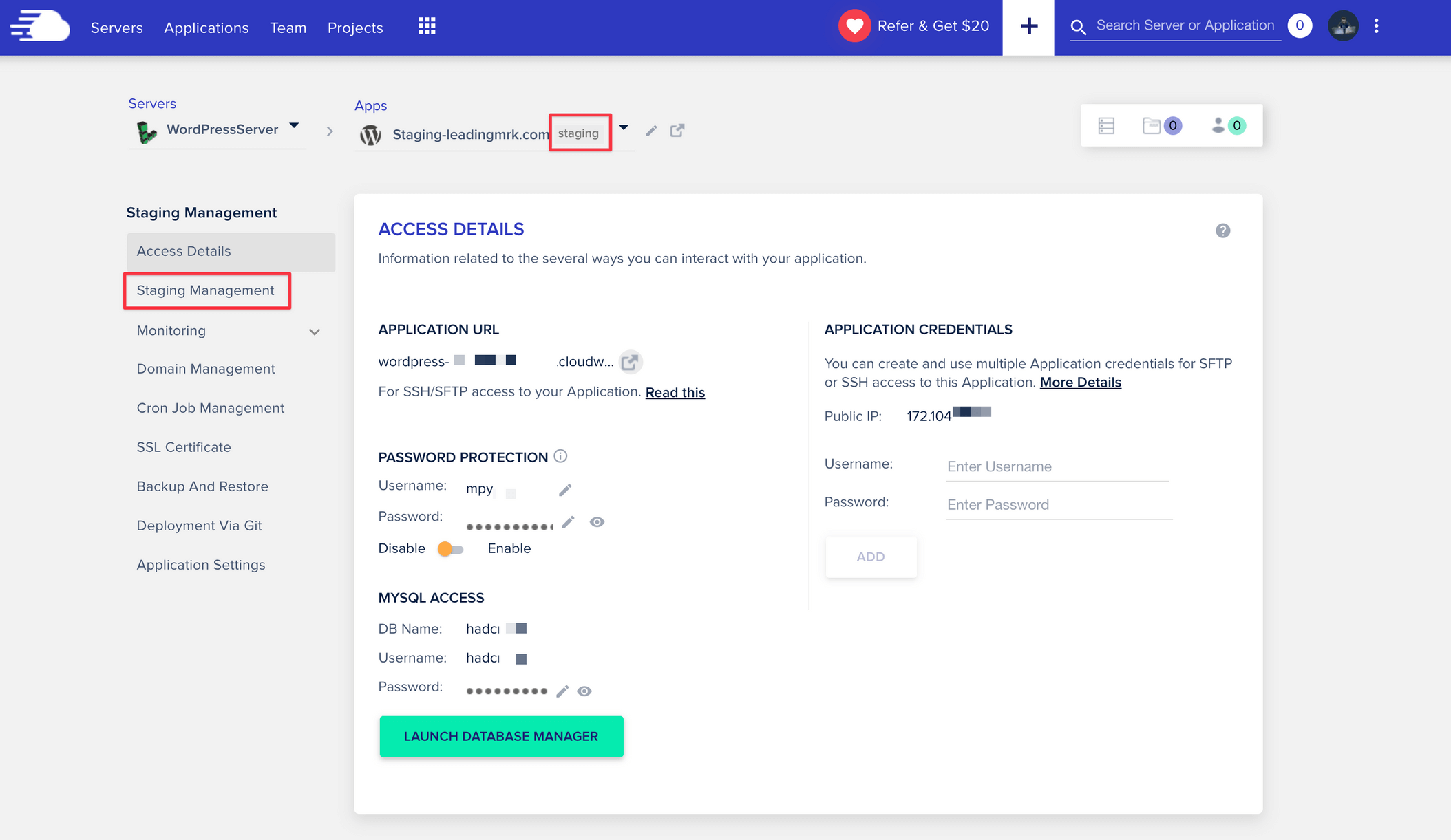 20 open the staging admin panel and click staging management 開啟 Cloudways 上 Staging 的管理介面,點擊 Staging Management