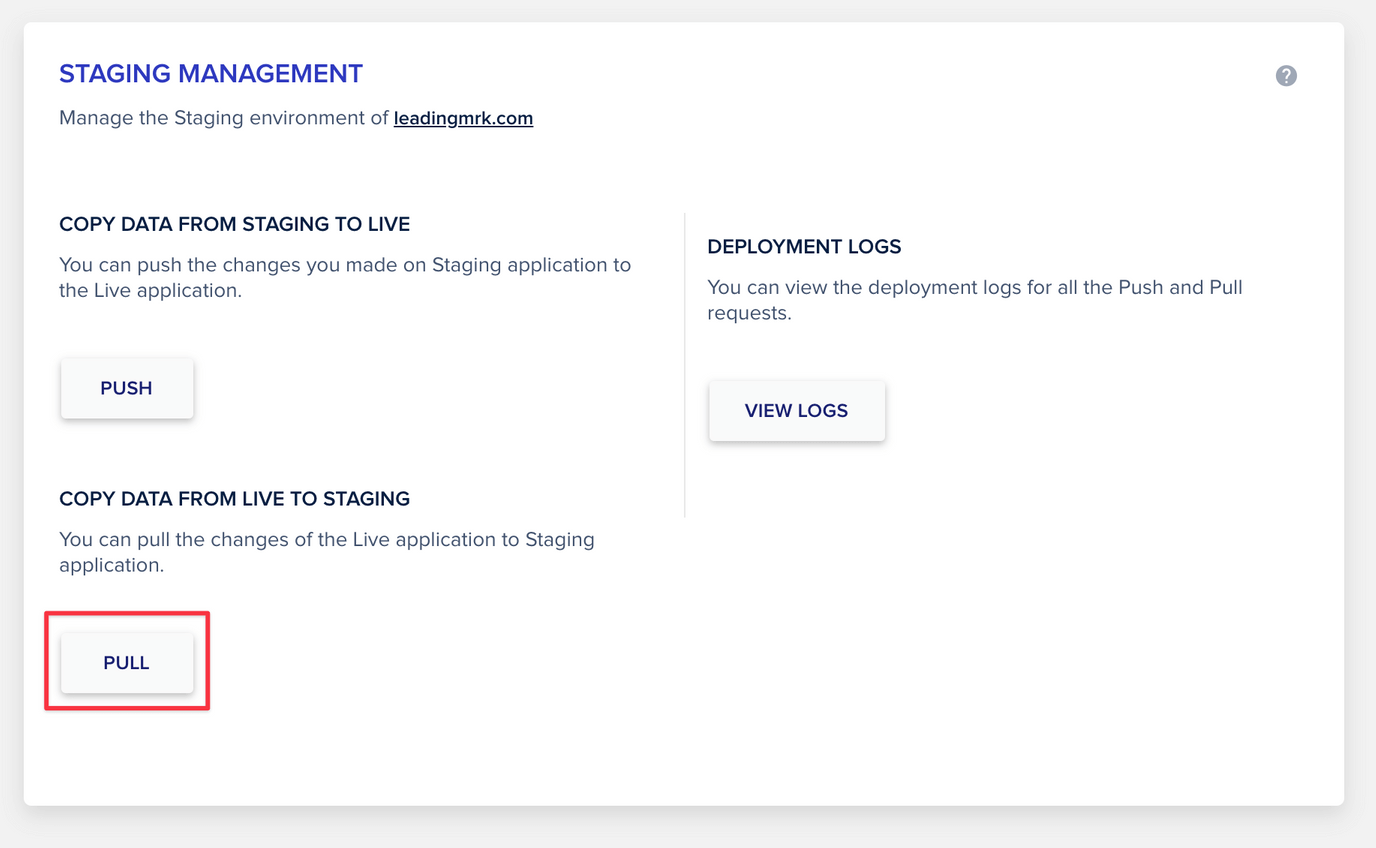 22 click the pull button to sync data from live to staging 先點擊 Pull,從 Live Site 同步資料到 Staging Site