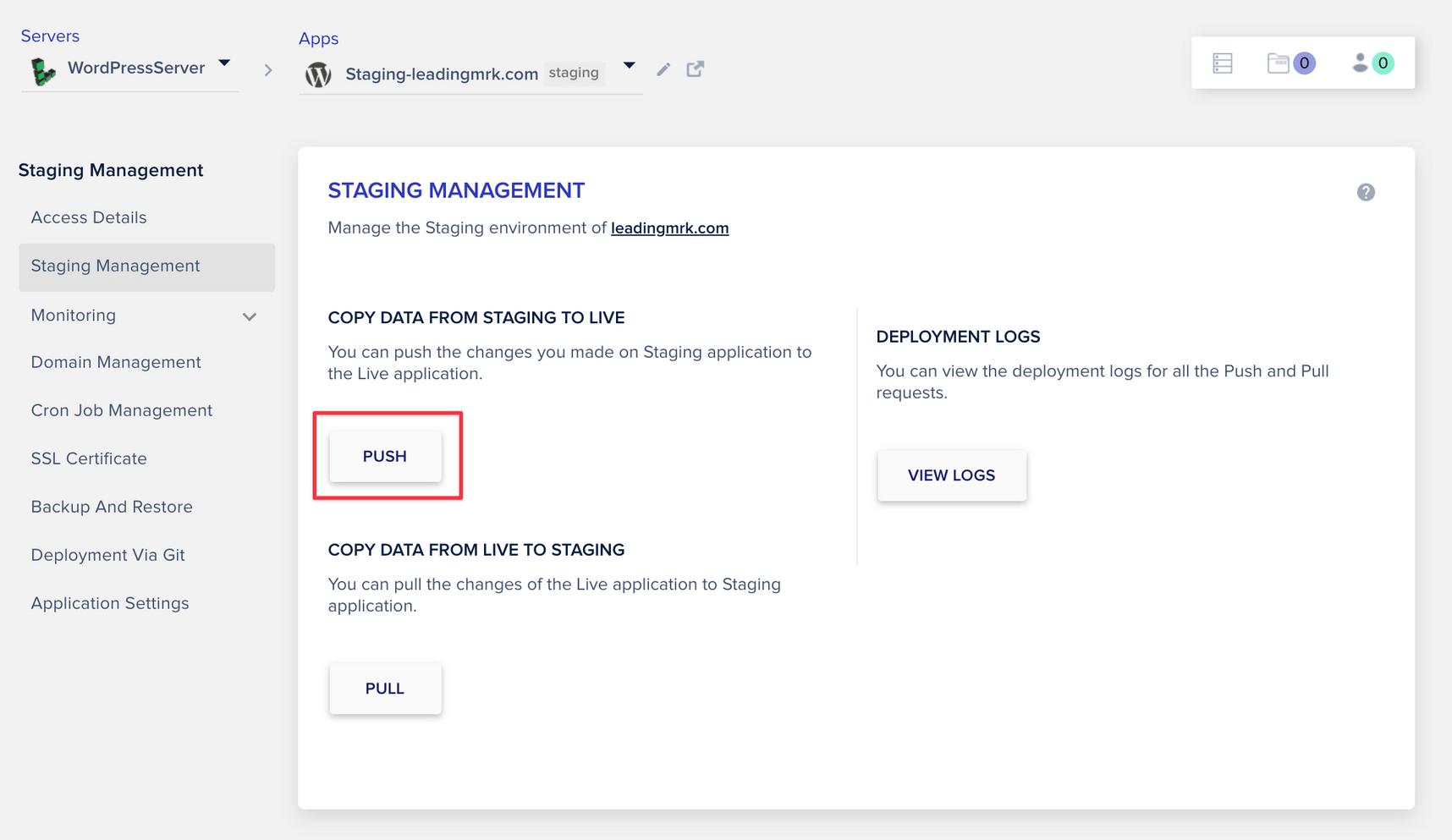 30 click push to sync data from staging to live site 到 Cloudways 管理介面,點擊 Push,將資料從 Staging 同步到 Live Site