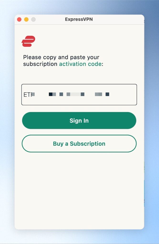 初始畫面如下圖,點擊「Sign In」登入ExpressVPN