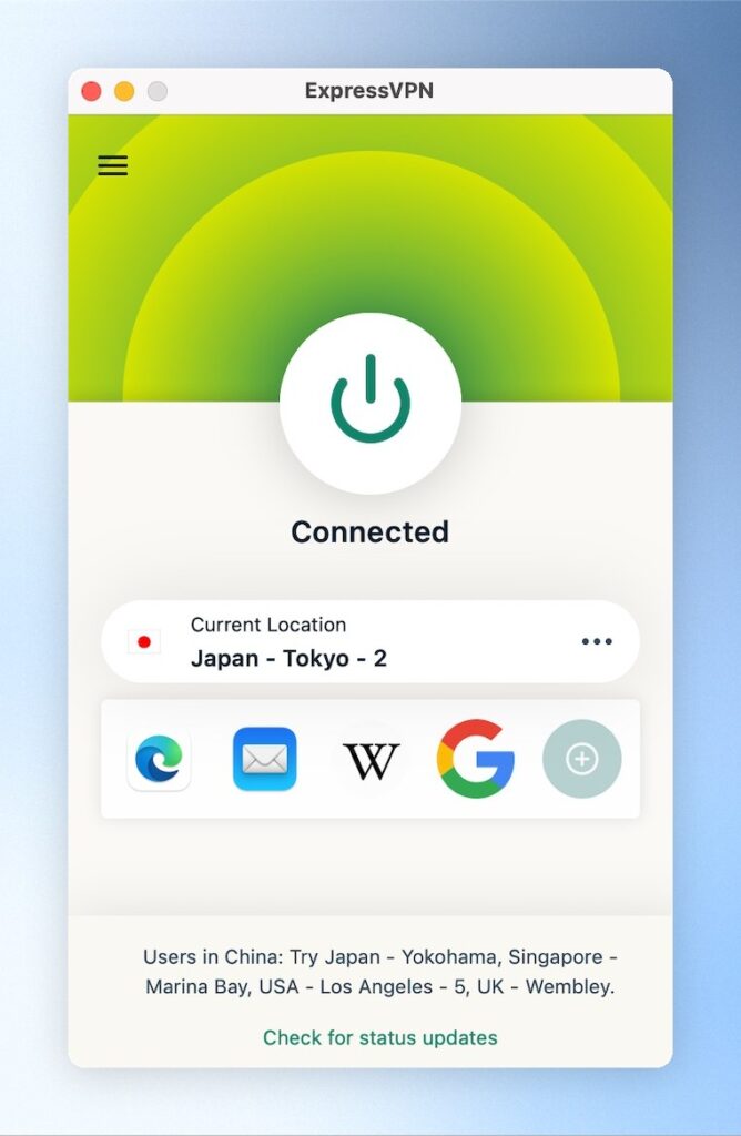 連接完成後會顯示Connected,並會顯示綠色,此時即可連線看看需要翻牆的網站,測試是否成功翻牆了