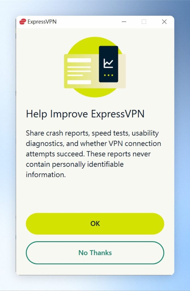 這邊詢問是否要將使用資料給ExpressVPN官方作為優化VPN使用,這邊可點擊「OK」