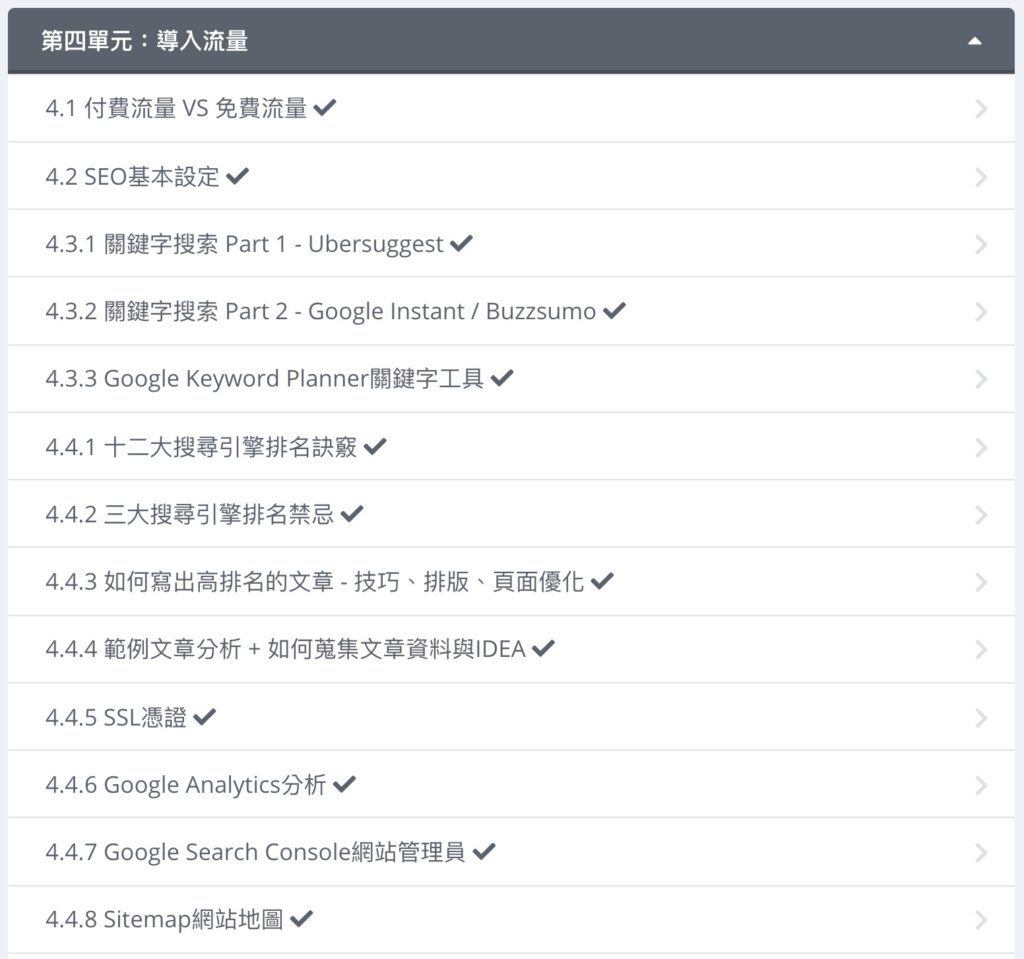 第四單元:導入流量(共21個單元,18個影片,3個文字教學)