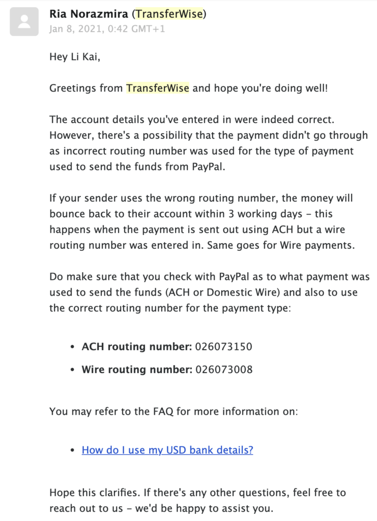 1/8 詢問 TransferWise 回信內容