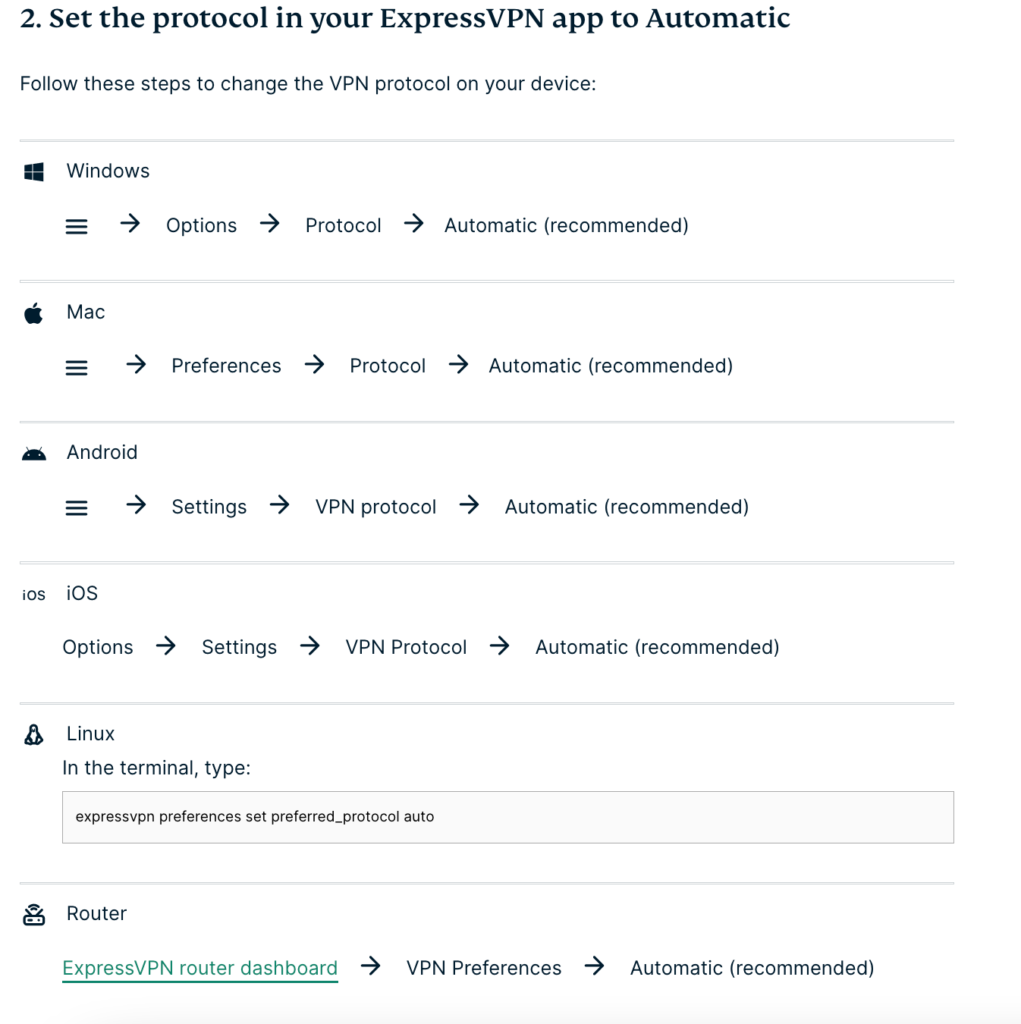 打開 Express VPN App，將 Express VPN 的 protocol 設定改為 Automatic