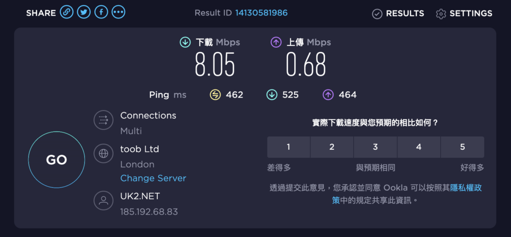 使用 ExpressVPN 連線到「英國」之後，網路連線速度