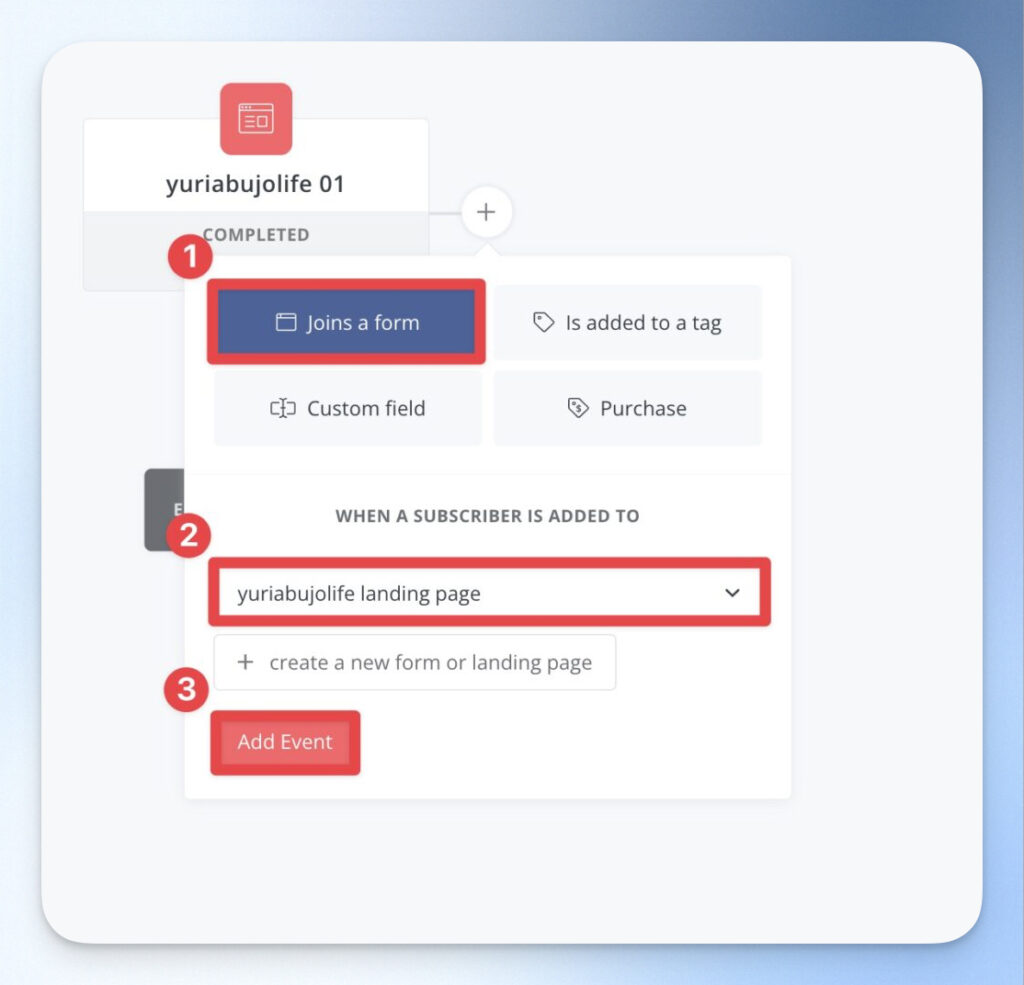 選擇剛剛建立的登錄頁面「yuriabujolife landing page」,完成後點擊「Add Event」