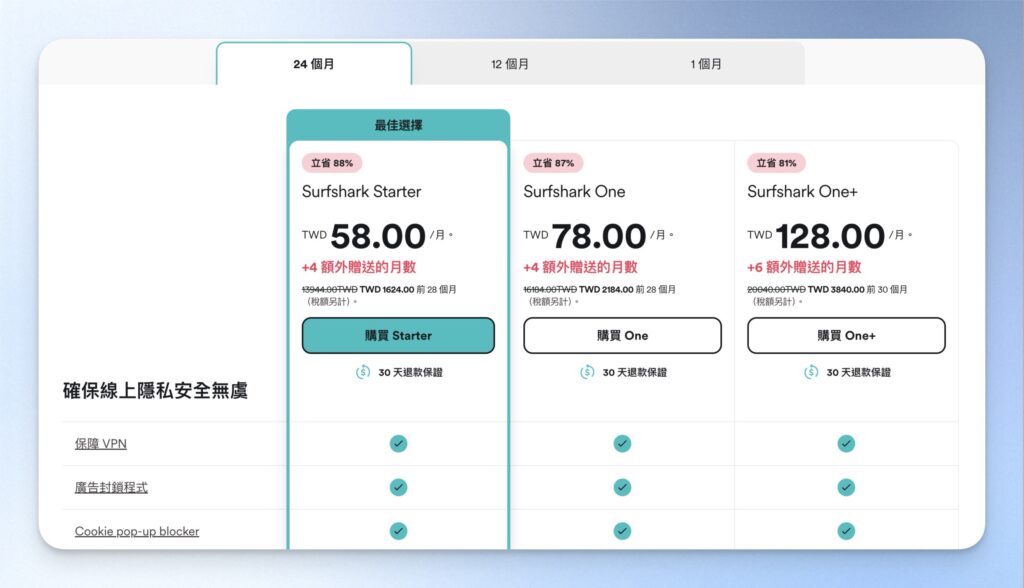 選擇購買方案，這邊以購買 Surfshark Starter 為例