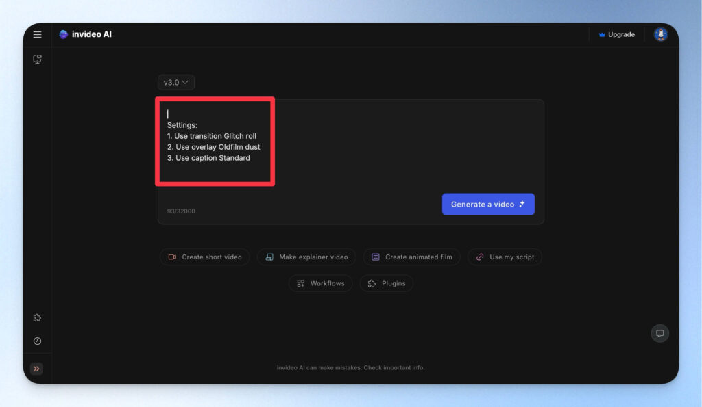 InVideo AI 將預設功能自動變成指令