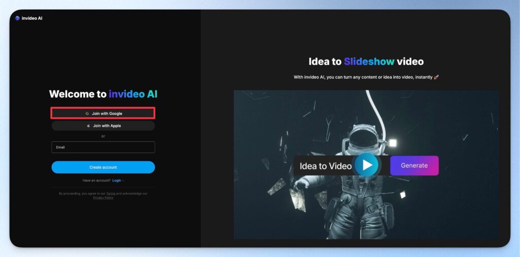 用 Google 快速註冊 InVideo AI