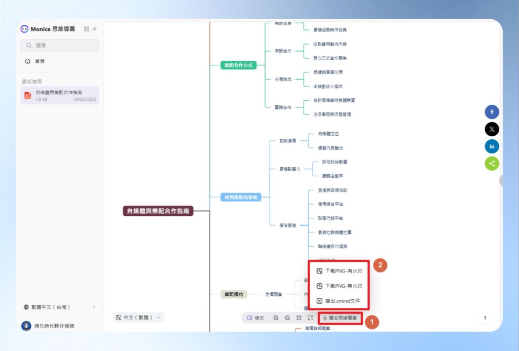 點擊導出思維導圖，可另存成 .png 與 .xmind 檔案。
