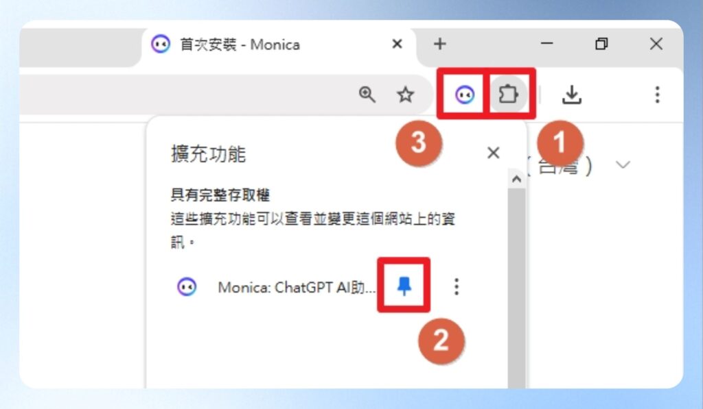 可將 Monica AI 釘選到 Chrome 的工具列上，先點選擴充套件的圖示，再按釘選，Monica AI 就會出現工具列上。