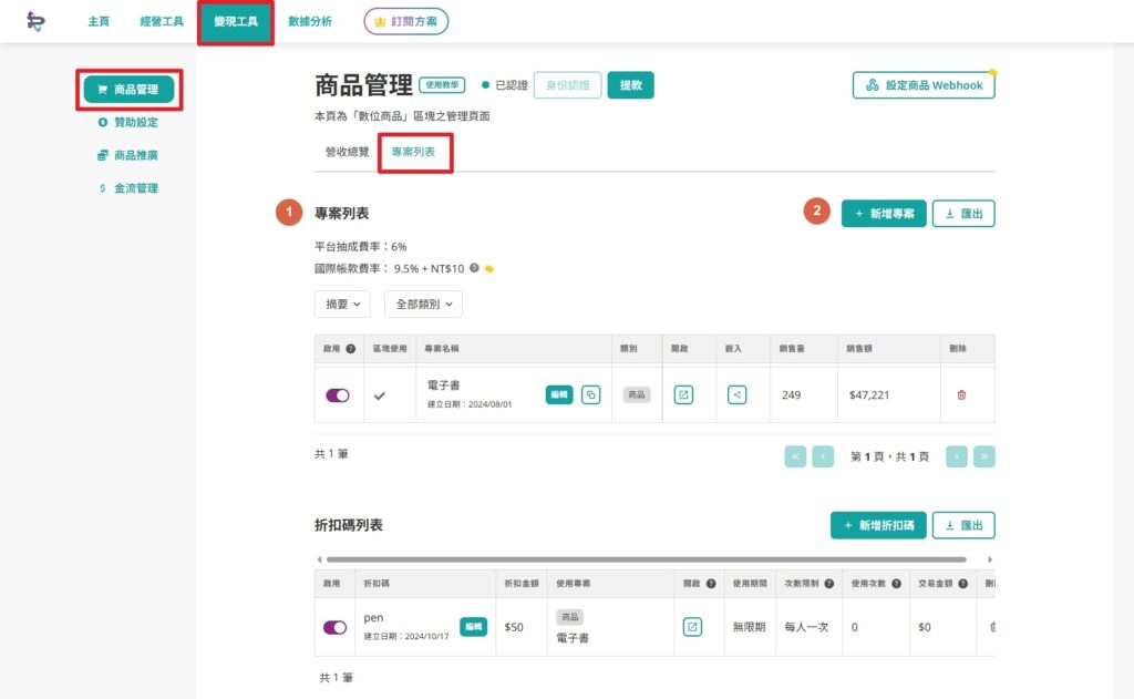 portaly 商品管理頁面