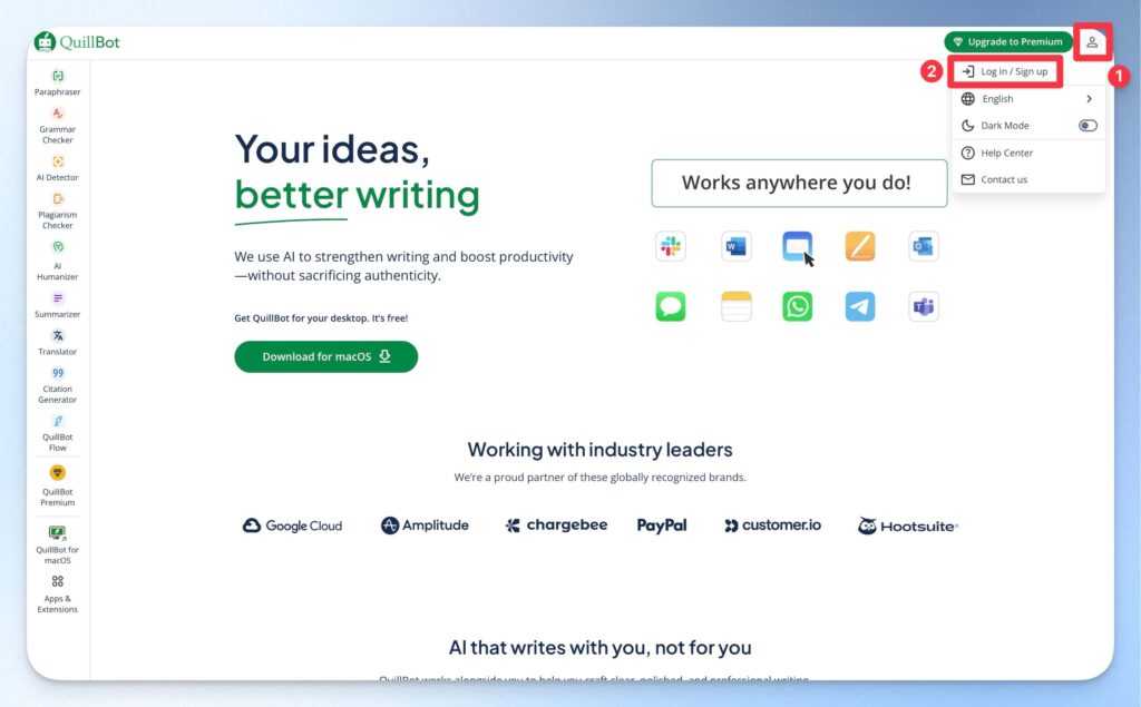 QuillBot 首頁點擊 Sign Up