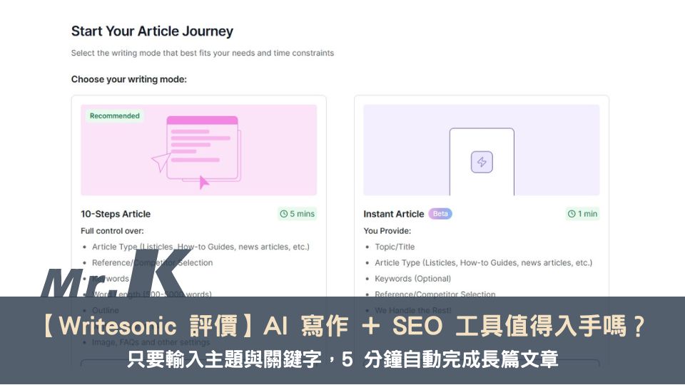 【Writesonic 評價】AI 寫作 + SEO 工具值得入手嗎？完整功能＆評測心得一次看懂