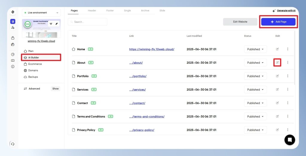 10Web AI Builder 新增頁面