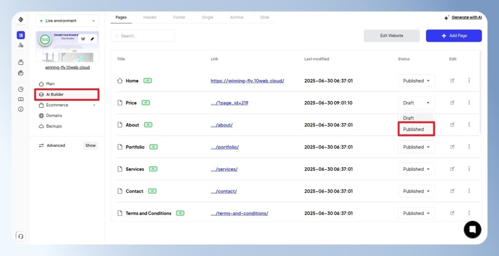 10Web AI Builder 發布頁面