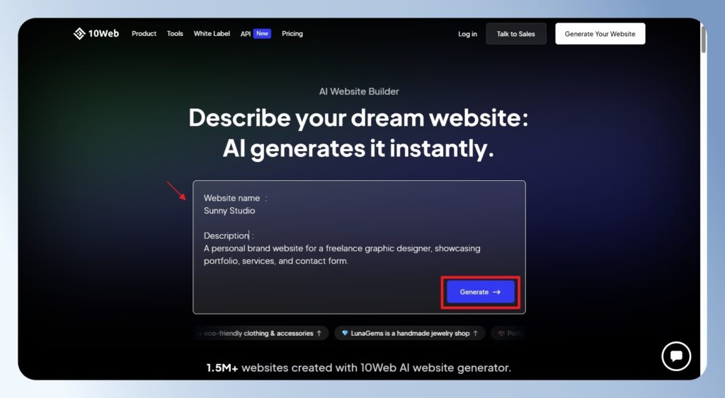 10Web 新增網站說明，讓 AI 參考內容生成網站