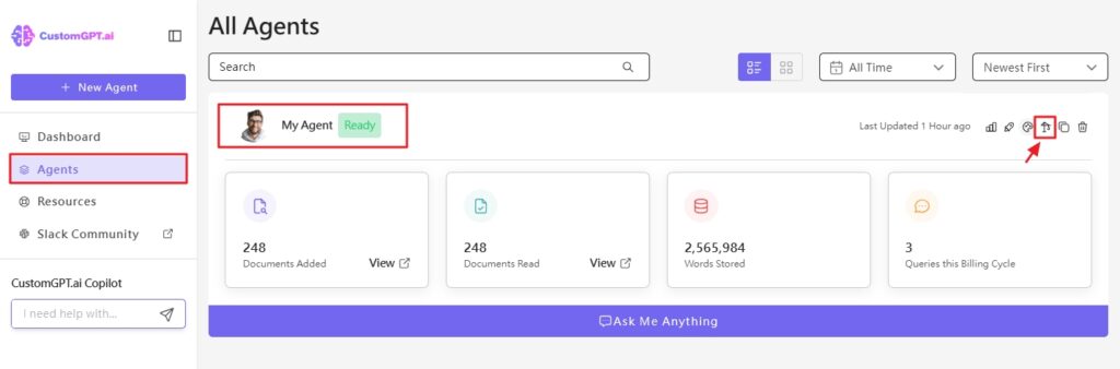 CustomGPT.ai Agents 頁面