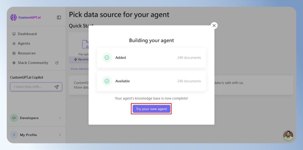 CustomGPT.ai 等待知識庫建立