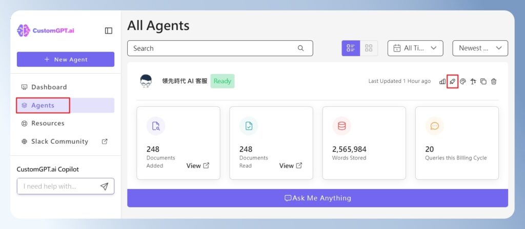 CustomGPT.ai 的 Agents 畫面