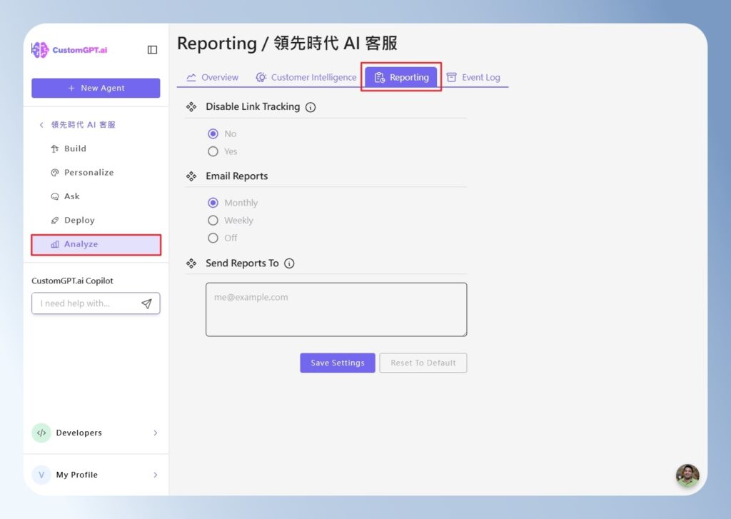 CustomGPT.ai Analyze 的 Customer Intelligence 畫面