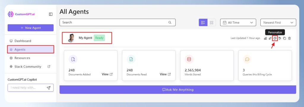 CustomGPT.ai Agents 頁面