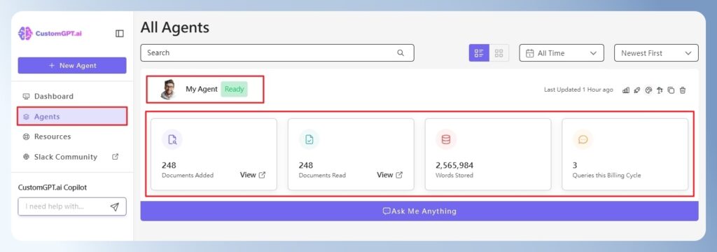 CustomGPT.ai Agents 頁面