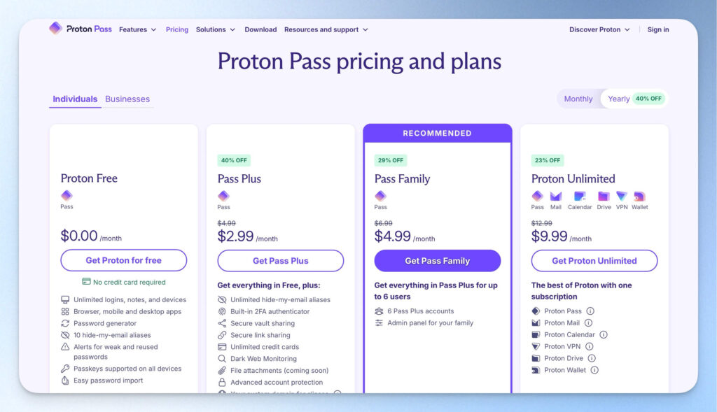 Proton Pass 價格方案