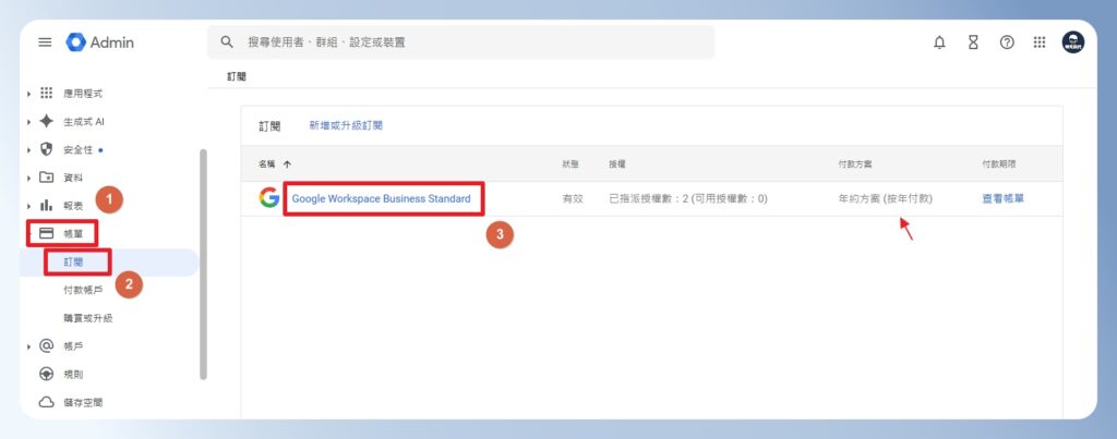 Google Workspace 查看目前訂閱的方案