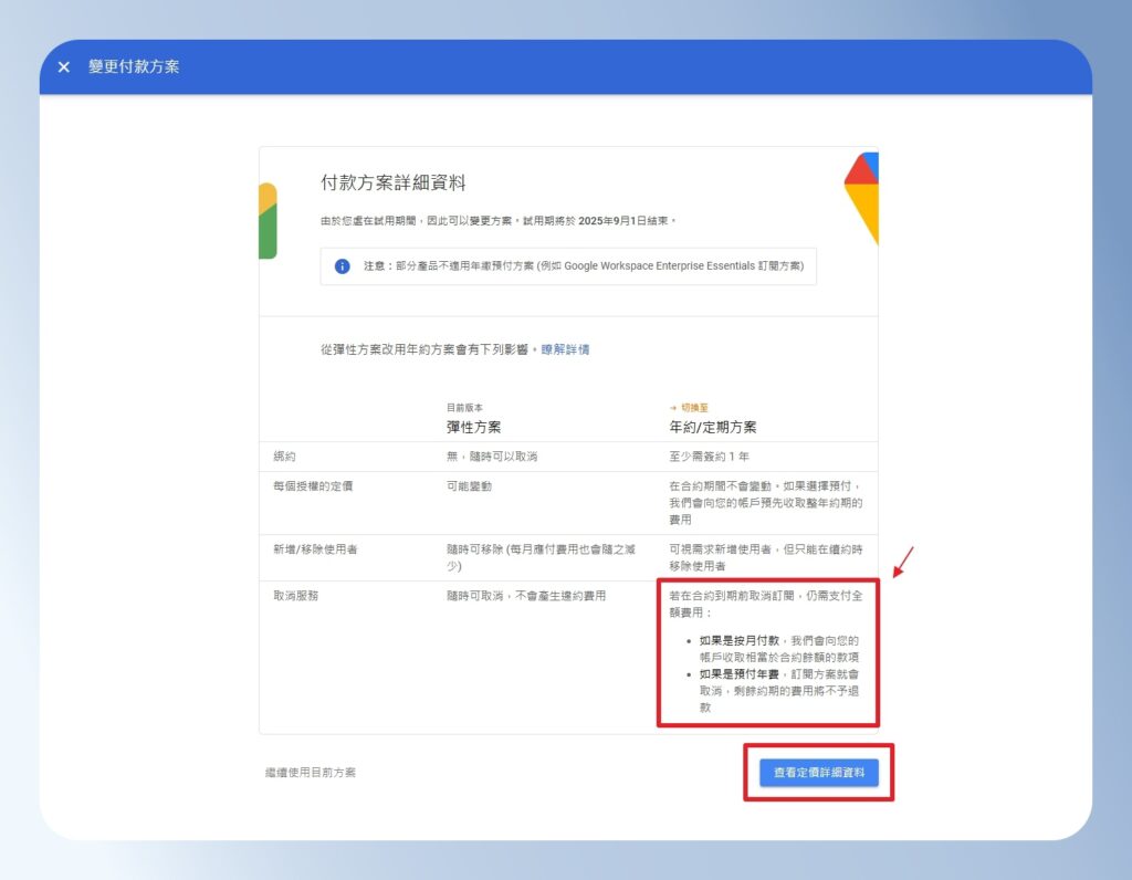 Google Workspace 查看付款方案詳細資料,彈性與年付的差異