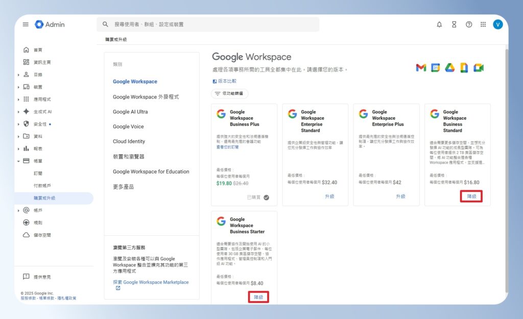Google Workspace 降級方案的選項
