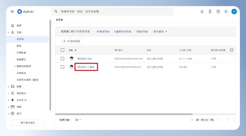 Google Workspace 使用者清單