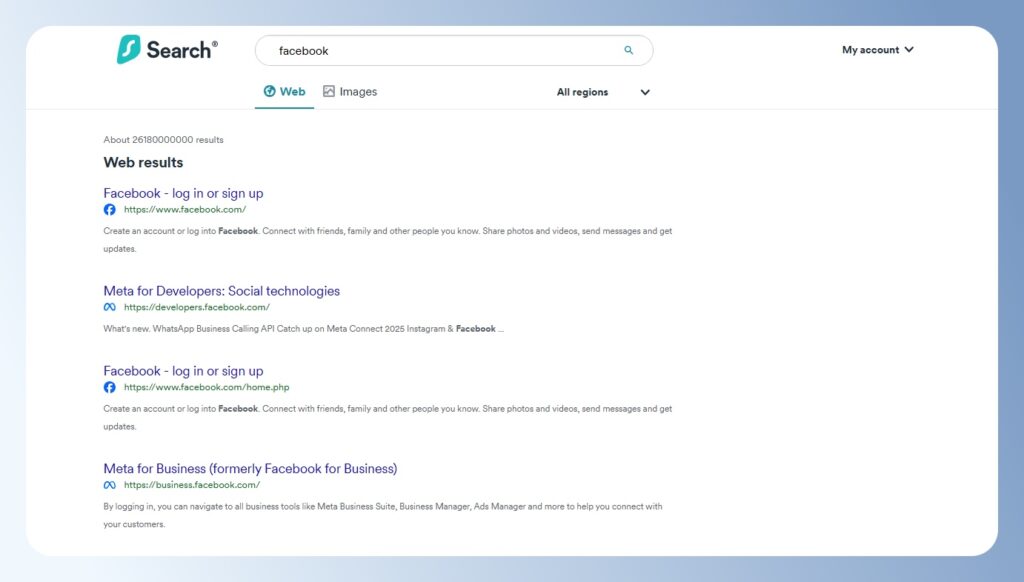 使用 Surfshark Search 搜尋關鍵字 Facebbok 