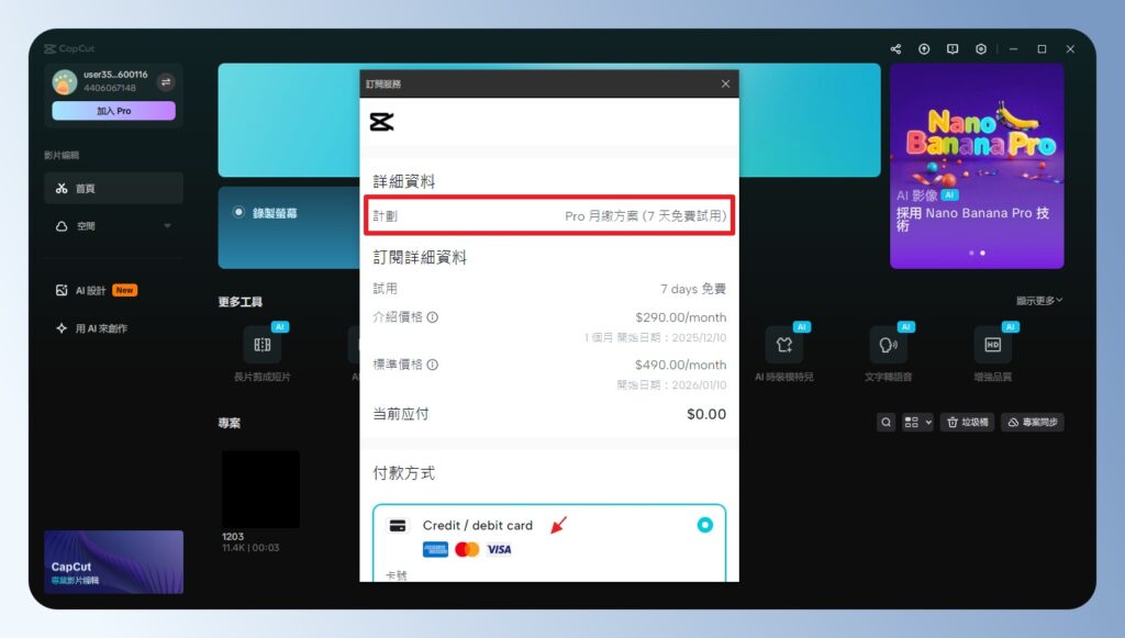 CapCut 電腦版 Pro 版訂單確認
