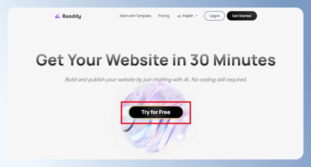 點 Readdy AI 官方首頁的 Try for free 按鈕