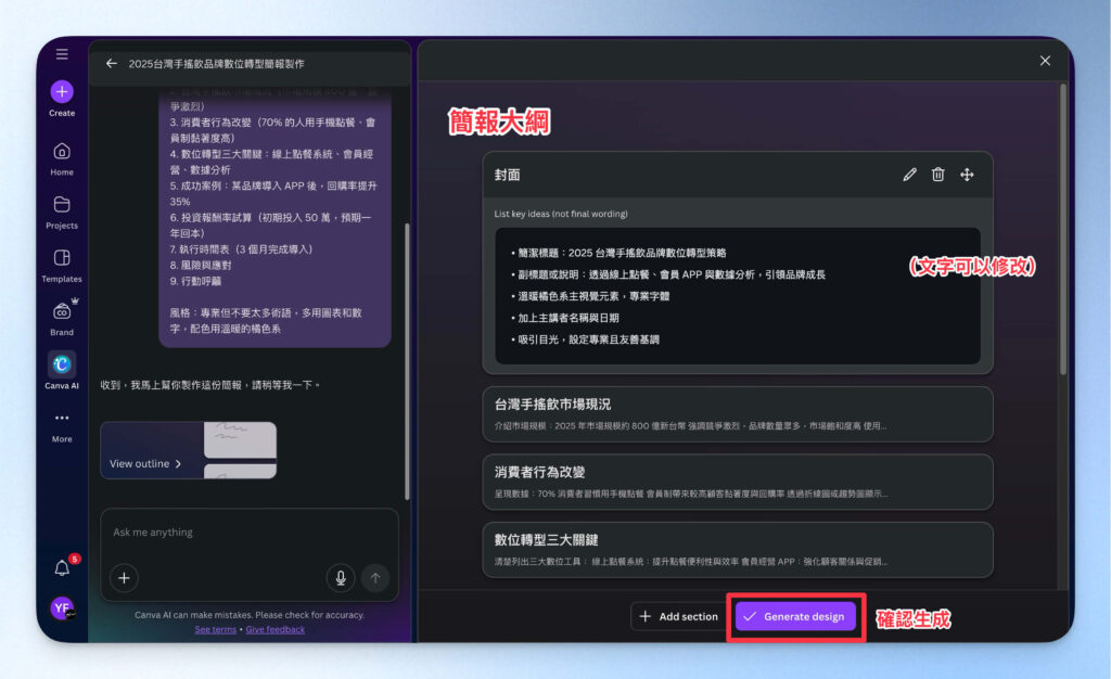 Canva 生成 AI 簡報大綱