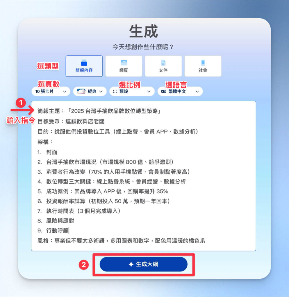 提供 Gamma AI 指令以生成簡報