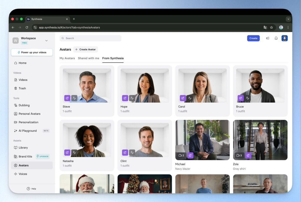 Synthesia 有多種 AI 虛擬人像(AI Avatar)可以挑選