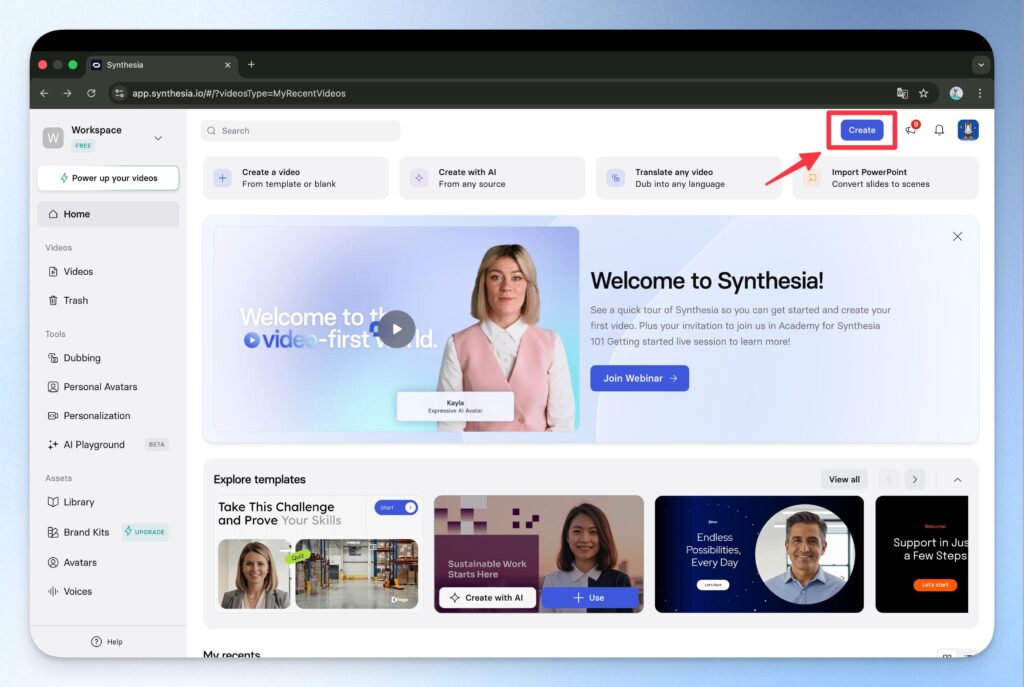 點選 Create 按鈕開始用 Synthesia 製作影片。