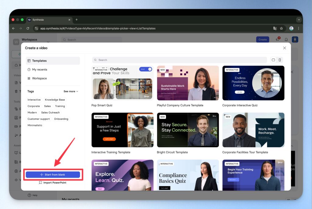 點選 start from blank 按鈕製作 Synthesia 影片