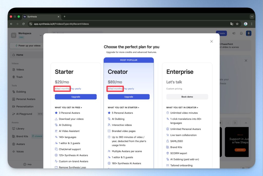 Synthesia 購買:月訂閱方案價格