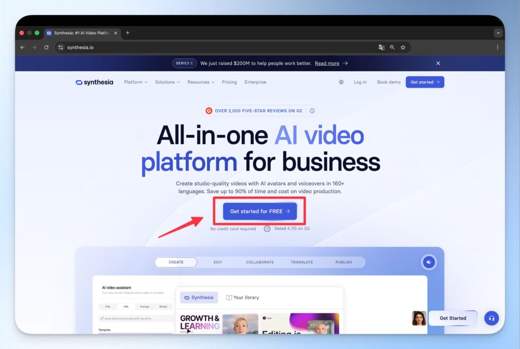 Synthesia 註冊:點選免費開始按鈕