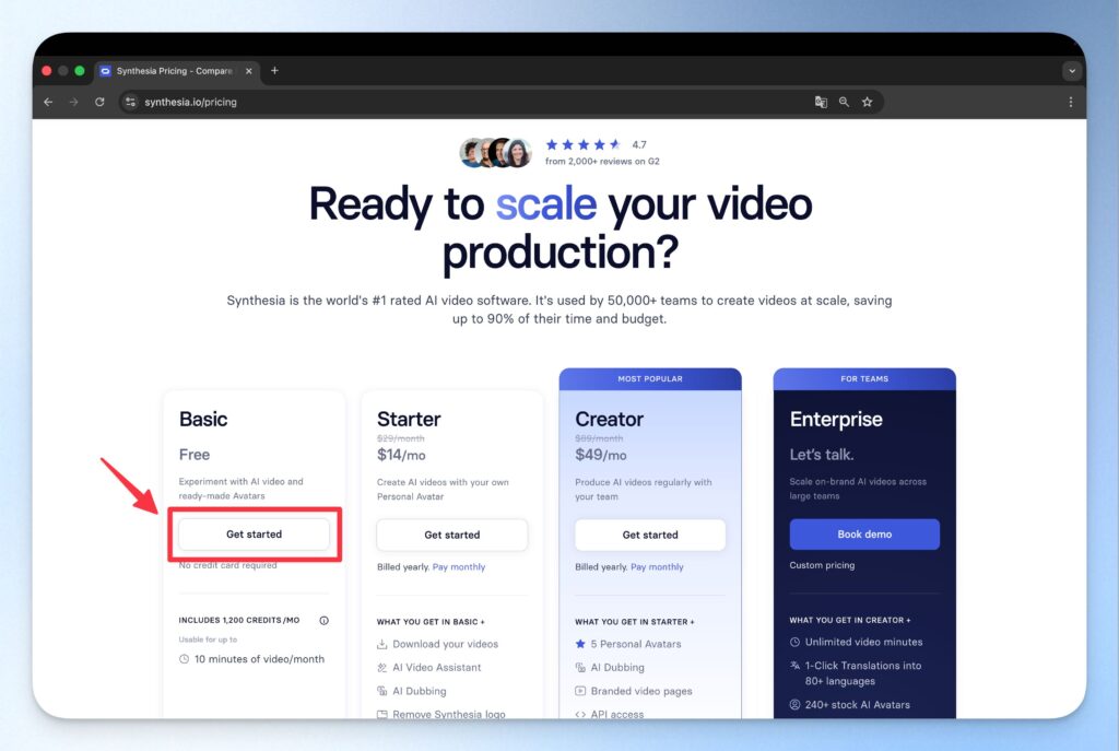 Synthesia 註冊:選擇 Basic 方案免費註冊