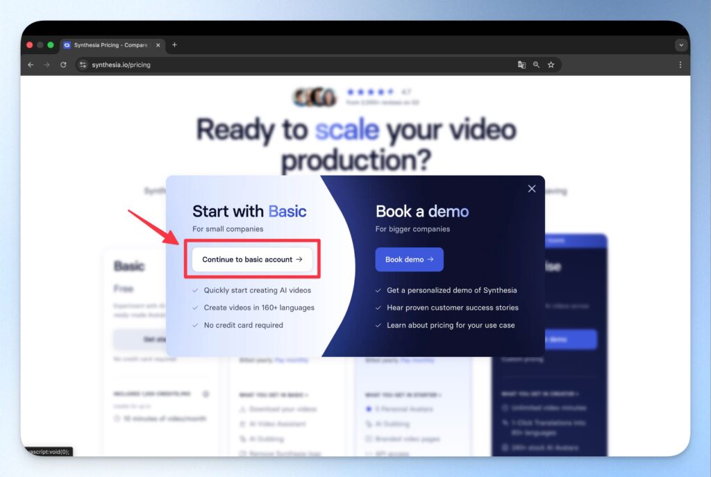 Synthesia 註冊:點選 Continue to basic account