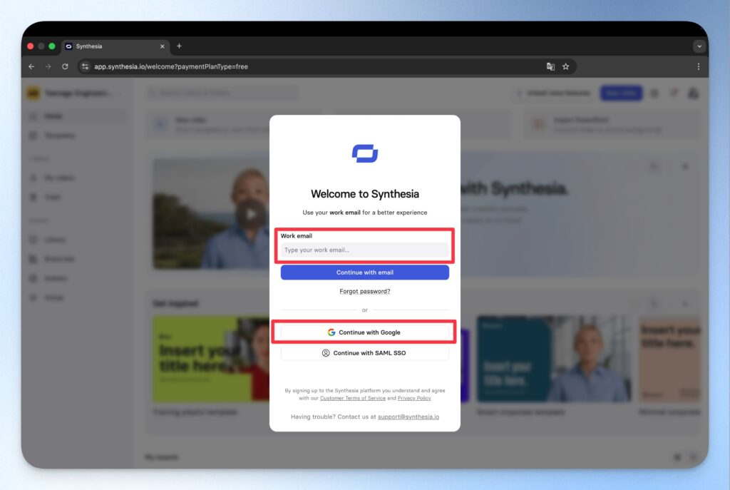 Synthesia 註冊:綁定 Google 帳號或自行輸入 Email 註冊
