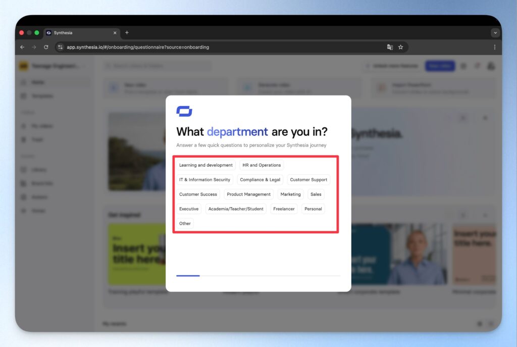 Synthesia 註冊:工作部門類別