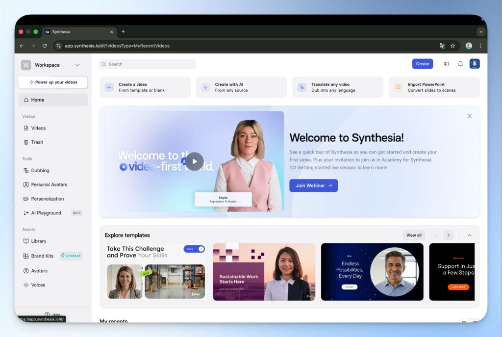 Synthesia 註冊:Synthesia workspace 首頁
