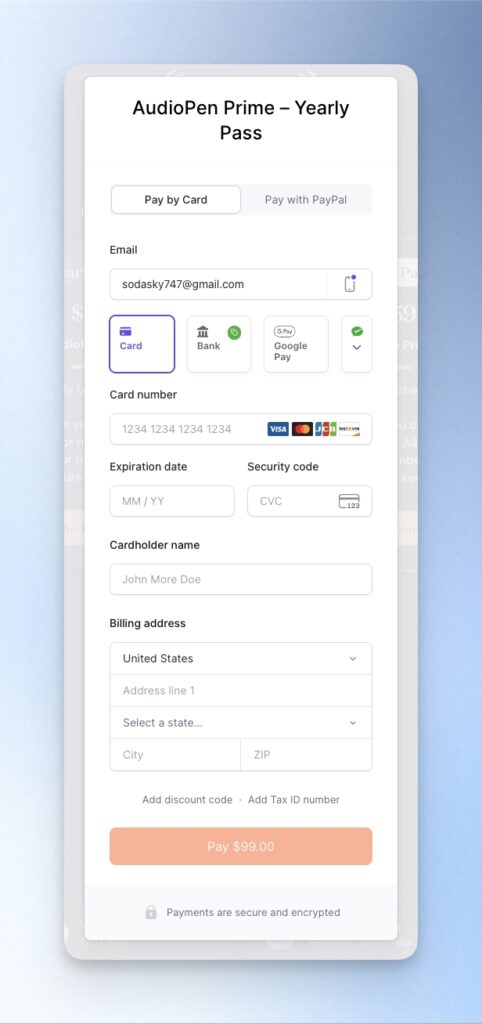 填寫信用卡資訊購買 AudioPen